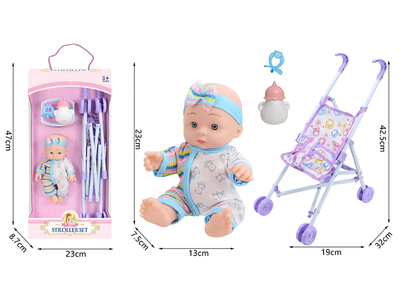 10 Inch Vinyl Newborn Baby Doll + Stroller + Feeding-Bottle + Pacifier