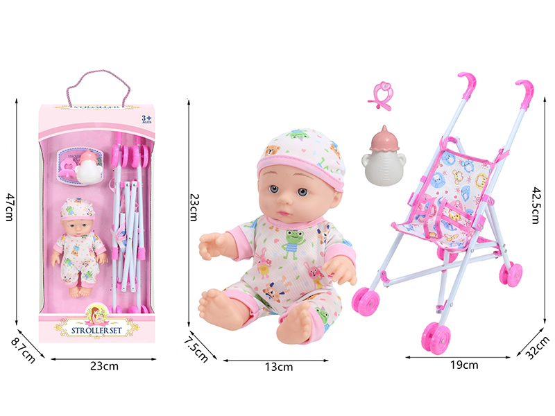 10 Inch Vinyl Newborn Baby Doll + Stroller + Feeding-Bottle + Pacifier