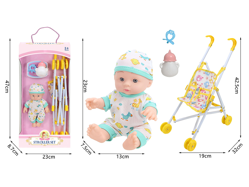 10 Inch Vinyl Newborn Baby Doll + Stroller + Feeding-Bottle + Pacifier