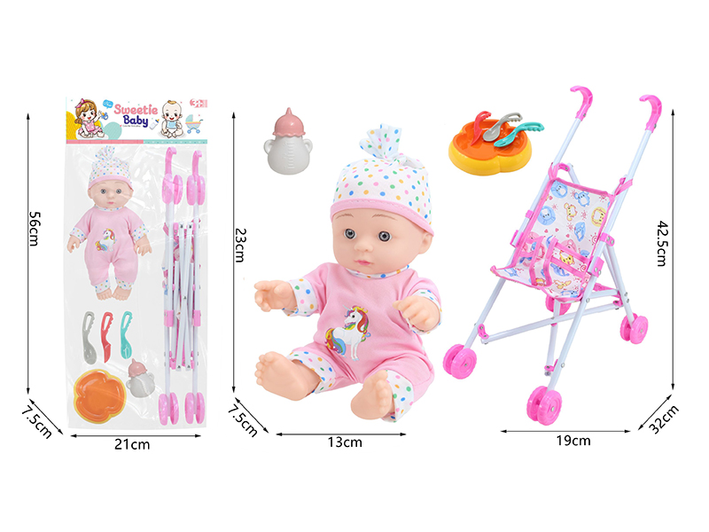 10 Inch Vinyl Newborn Baby Doll + Stroller + Feeding-Bottle + Knife,Fork,Spoon,Plate