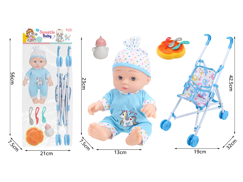 10 Inch Vinyl Newborn Baby Doll + Stroller + Feeding-Bottle + Knife,Fork,Spoon,Plate