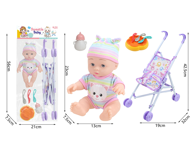 10 Inch Vinyl Newborn Baby Doll + Stroller + Feeding-Bottle + Knife,Fork,Spoon,Plate