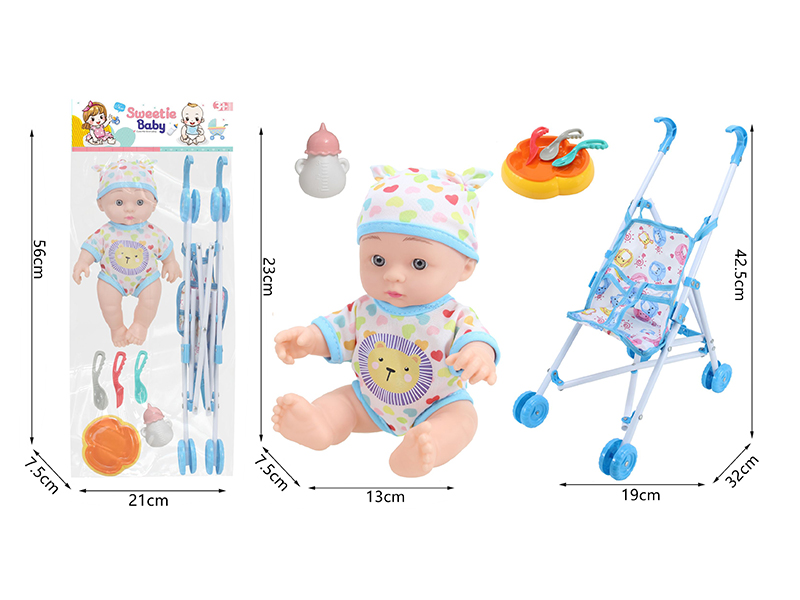 10 Inch Vinyl Newborn Baby Doll + Stroller + Feeding-Bottle + Knife,Fork,Spoon,Plate