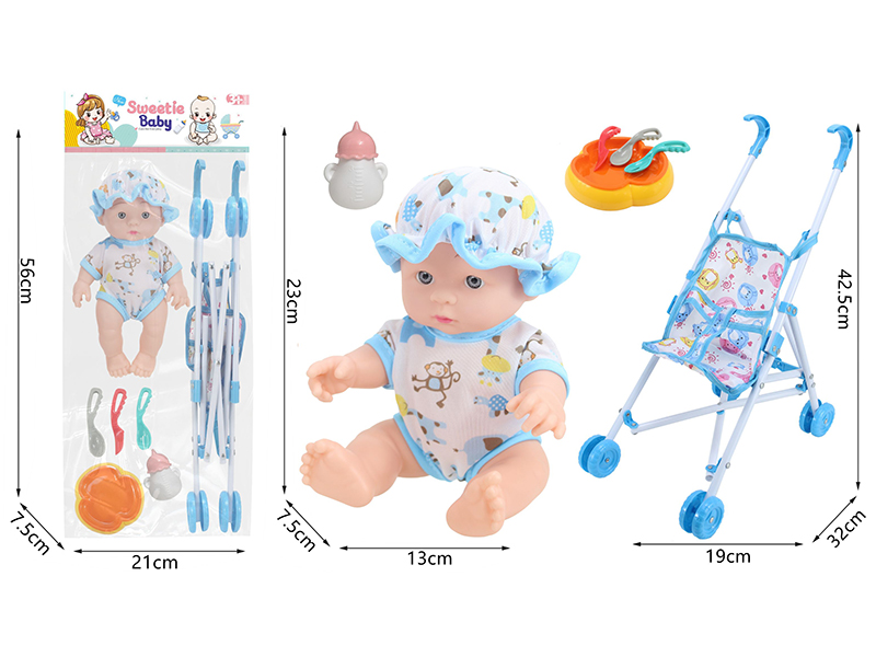 10 Inch Vinyl Newborn Baby Doll + Stroller + Feeding-Bottle + Knife,Fork,Spoon,Plate