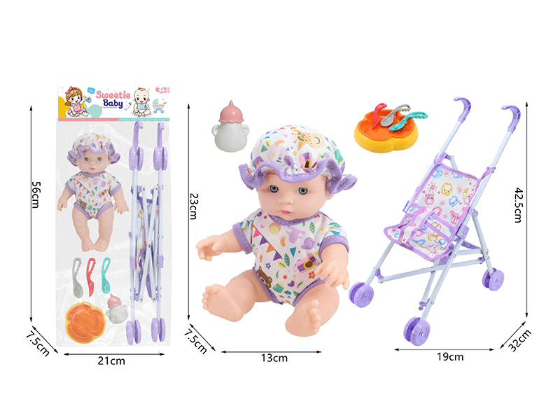 10 Inch Vinyl Newborn Baby Doll + Stroller + Feeding-Bottle + Knife,Fork,Spoon,Plate