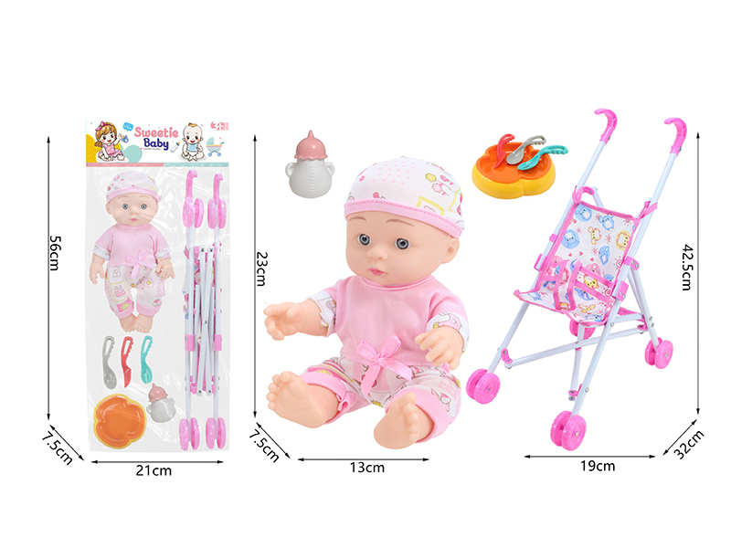 10 Inch Vinyl Newborn Baby Doll + Stroller + Feeding-Bottle + Knife,Fork,Spoon,Plate