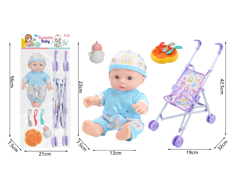 10 Inch Vinyl Newborn Baby Doll + Stroller + Feeding-Bottle + Knife,Fork,Spoon,Plate