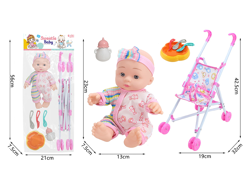 10 Inch Vinyl Newborn Baby Doll + Stroller + Feeding-Bottle + Knife,Fork,Spoon,Plate