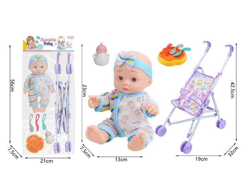10 Inch Vinyl Newborn Baby Doll + Stroller + Feeding-Bottle + Knife,Fork,Spoon,Plate