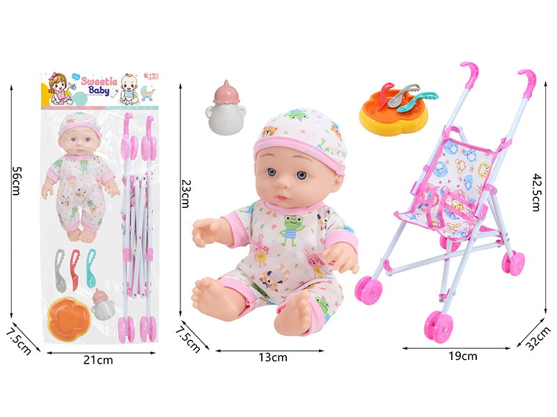 10 Inch Vinyl Newborn Baby Doll + Stroller + Feeding-Bottle + Knife,Fork,Spoon,Plate