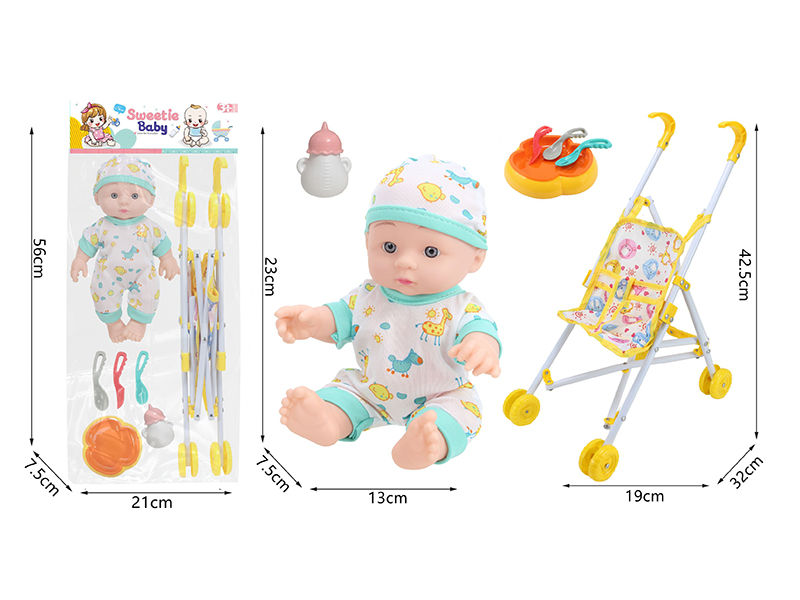 10 Inch Vinyl Newborn Baby Doll + Stroller + Feeding-Bottle + Knife,Fork,Spoon,Plate