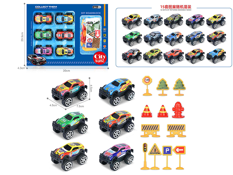 1:64 Pull Back Light Alloy Off-Road Vehicle 6PCS + Guidepost 12pcs