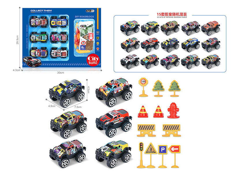 1:64 Pull Back Light Alloy Off-Road Vehicle 6PCS + Guidepost 12pcs