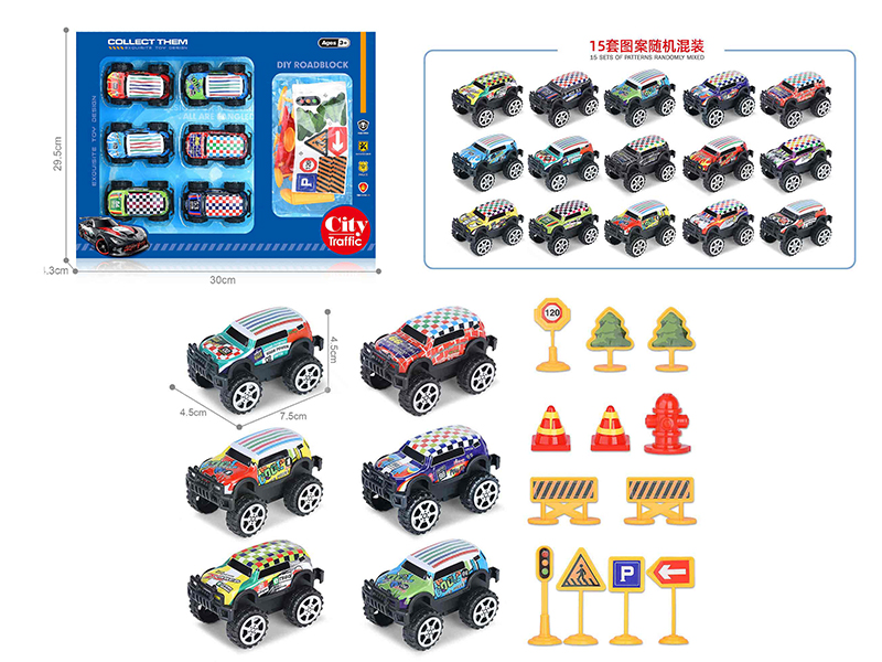 1:64 Pull Back Light Alloy Off-Road Vehicle 6PCS + Guidepost 12pcs