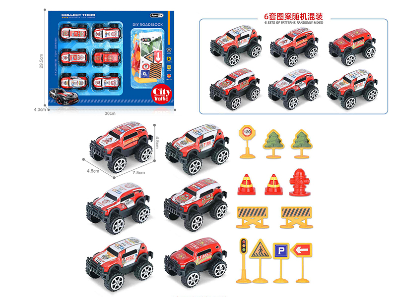 1:64 Pull Back Light Alloy Off-Road Vehicle 6PCS + Guidepost 12pcs