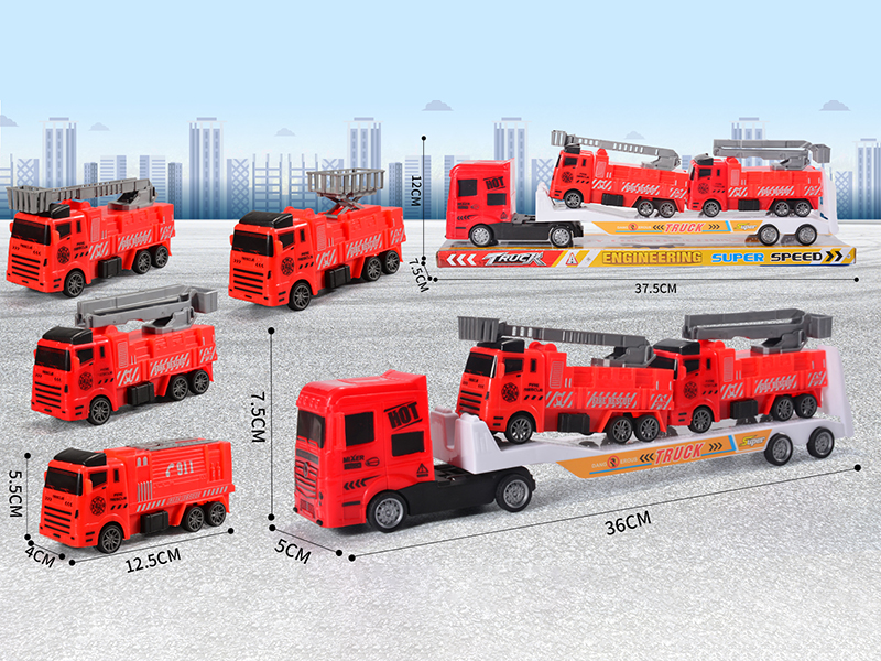 Friction Trailer + 2 Pull Back Fire Engine