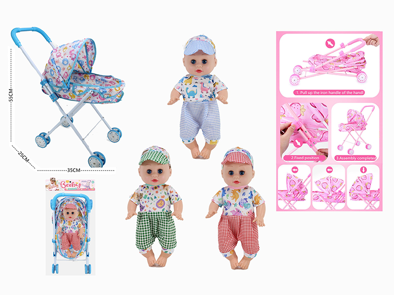 14 Inch Doll(4 Sounds IC) + Large Size Iron Stroller Toy