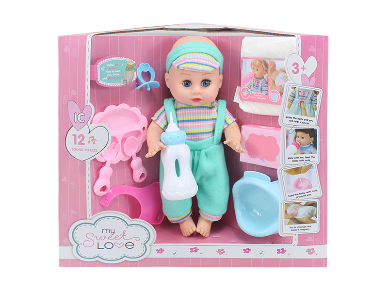 14 Inch Baby Doll(Movable Eyes,12 Sounds,Can Drink Water And Pee) + 9PCS Accessories