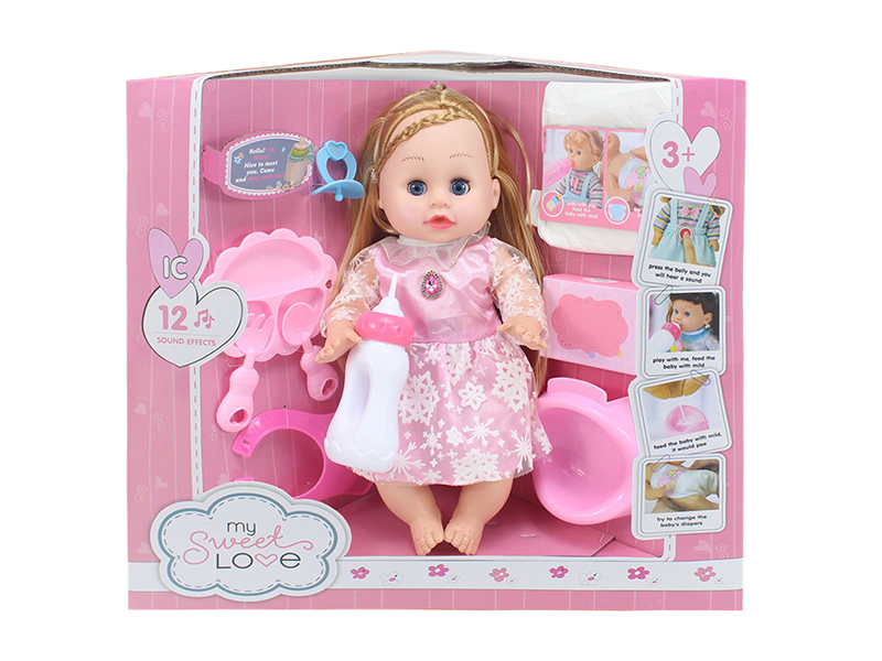 14 Inch Baby Doll(Movable Eyes,12 Sounds,Can Drink Water And Pee) + 9PCS Accessories