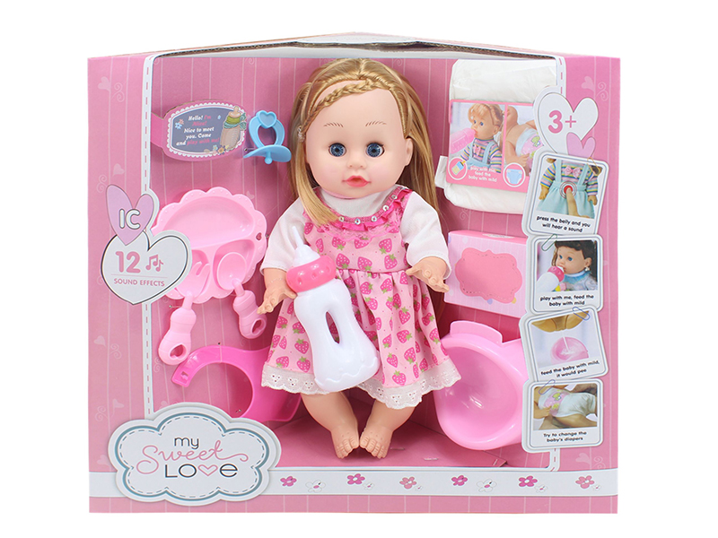 14 Inch Baby Doll(Movable Eyes,12 Sounds,Can Drink Water And Pee) + 9PCS Accessories