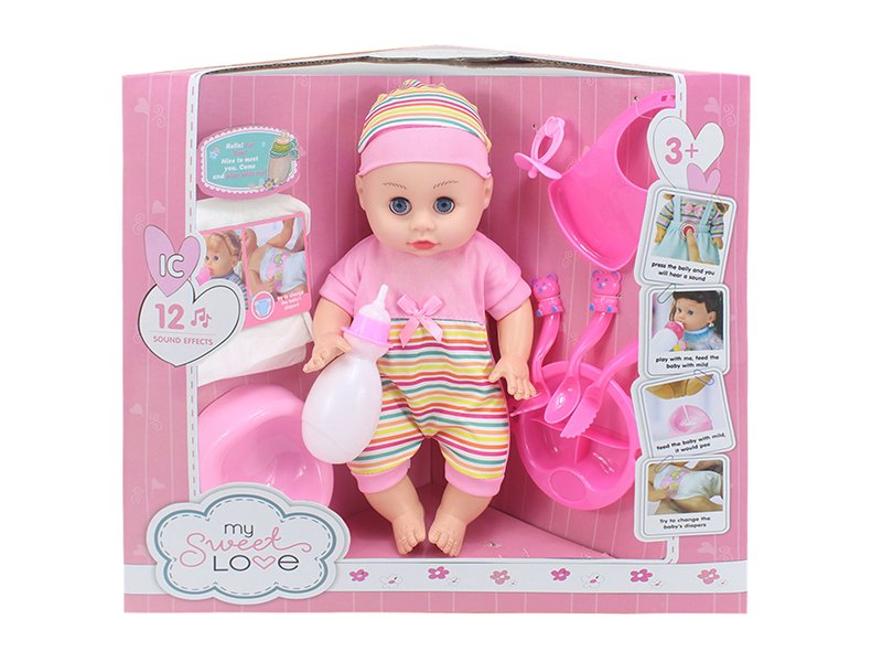 14 Inch Baby Doll(Movable Eyes,12 Sounds,Can Drink Water And Pee) +9PCS Accessories