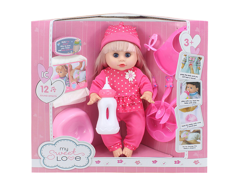 14 Inch Baby Doll(Movable Eyes,12 Sounds,Can Drink Water And Pee) + 9PCS Accessories