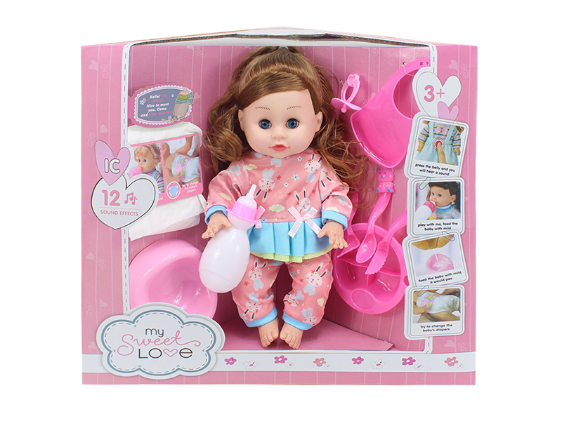 14 Inch Baby Doll(Movable Eyes,12 Sounds,Can Drink Water And Pee) + 9PCS Accessories
