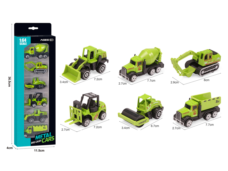 Alloy Slide Green Engineering Vehicle 6PCS
