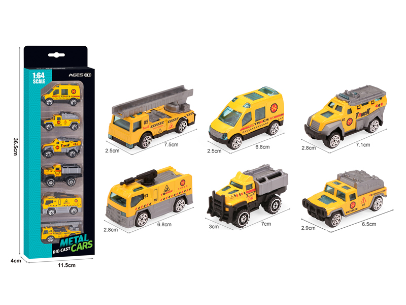 Alloy Slide Yellow Fire Truck 6PCS