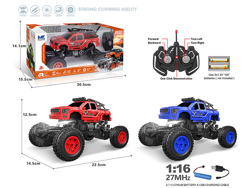 27Mhz 1:16 5-Channel Remote Control Pickup Climbing Police Car With Lights,Spray,Automatic Demonstration Function(Included Batteries)