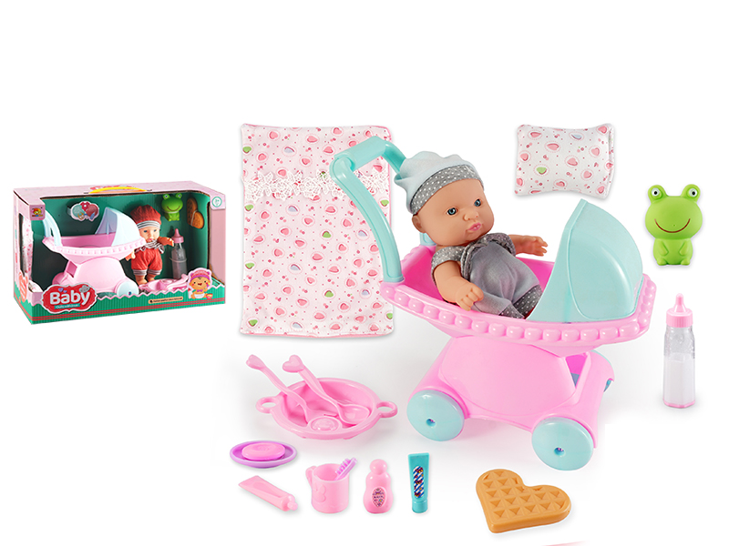 8 Inch Vinyl Doll With Plastic Baby Stroller Set