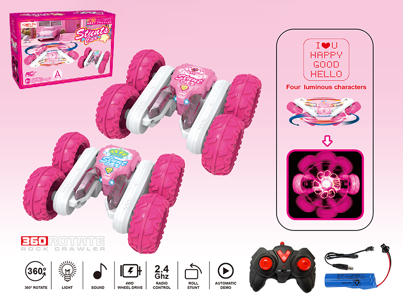 2.4G Remote Control Dinosaur Stunt Car(Light/Music/LED Subtitle)Pink