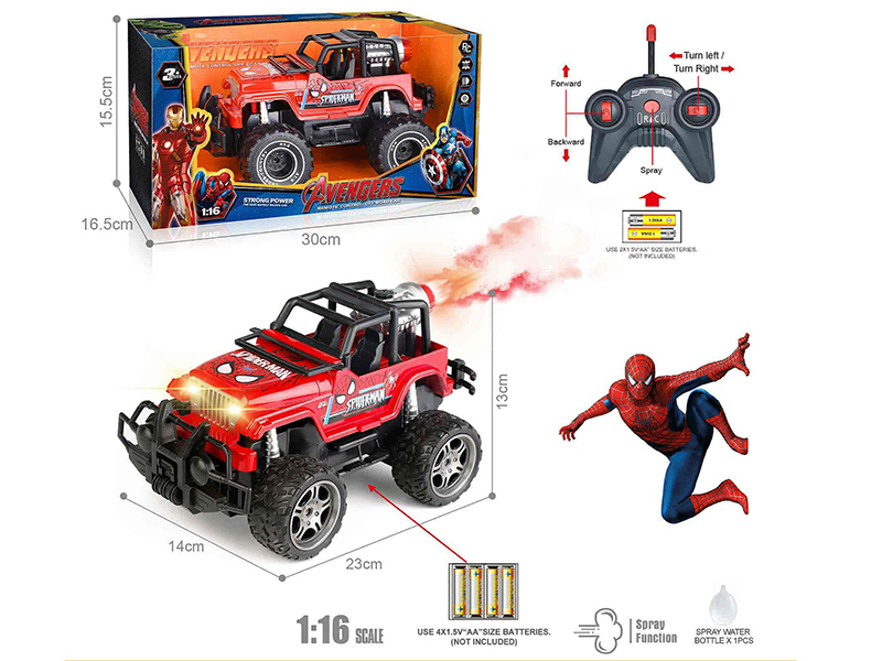 40Mhz 1:16 5-Channel Remote Control Wrangler Off-Road Vehicle With Spray,Headlights(Spider-Man)(Included Batteries)