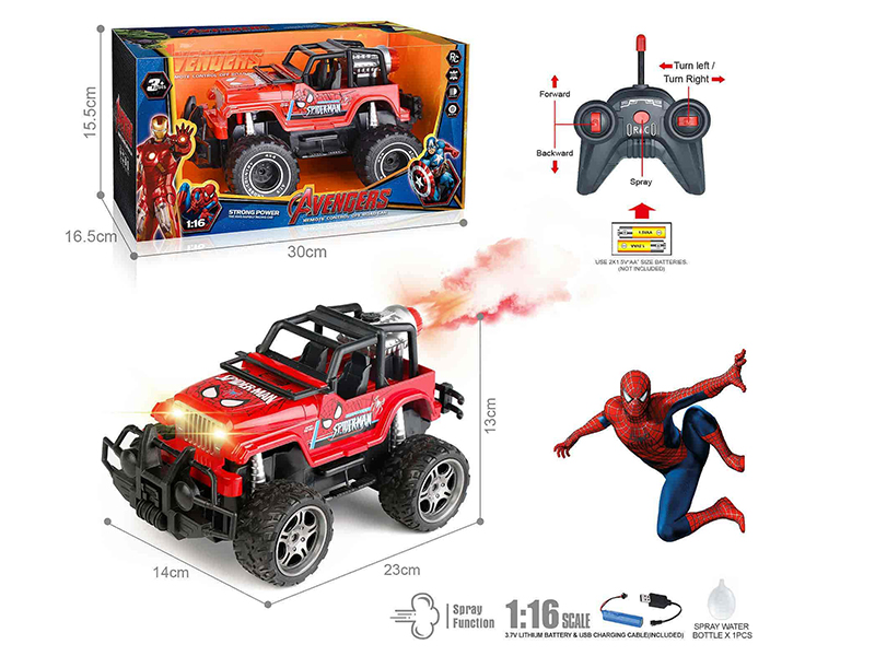 40Mhz 1:16 5-Channel Remote Control Wrangler Off-Road Vehicle With Spray,Headlights(Spider-Man)(Included Batteries)