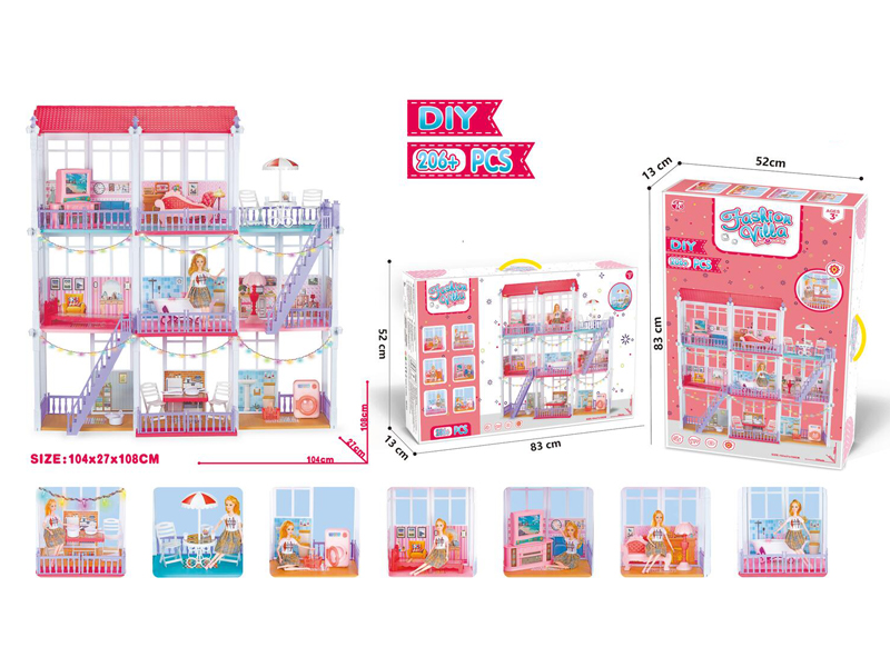 206+PCS DIY Big Villa With 11 Inch Doll  LED Strip 2 Strings