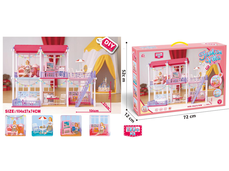 155+PCS DIY Big Villa With 11 Inch Doll  LED Strip 2 Strings