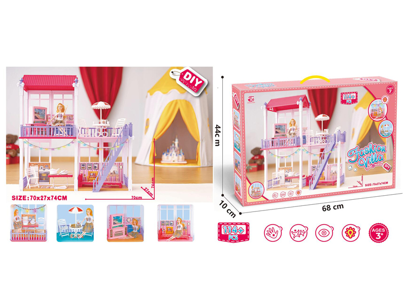114+PCS DIY Big Villa With 11 Inch Doll  LED Strip 1 String