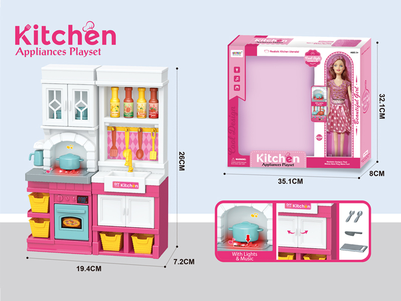Pink Simulated Kitchen Set With Light And Music+11.5-Inch Doll