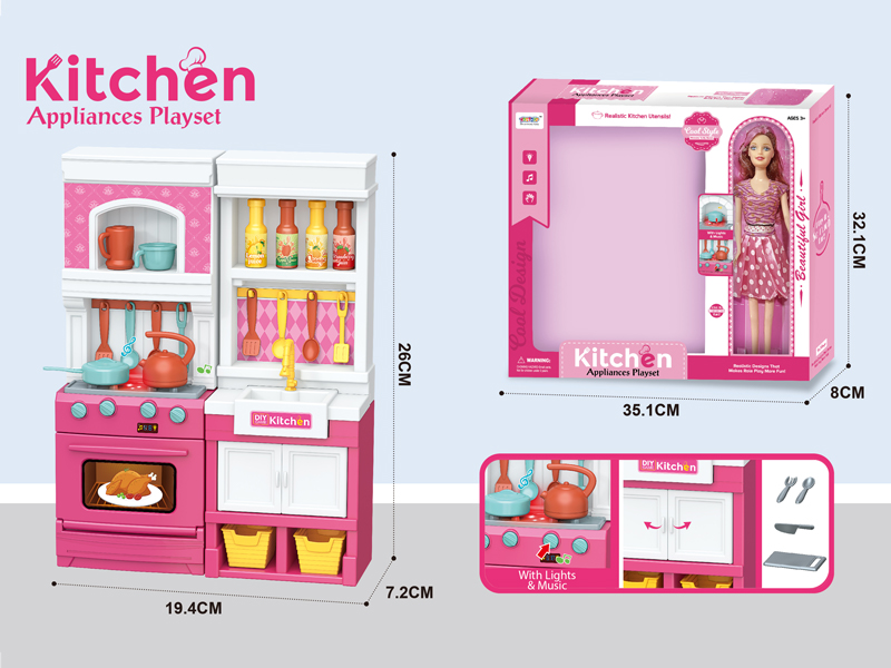 Pink Simulated Kitchen Set With Light And Music+11.5-Inch Doll