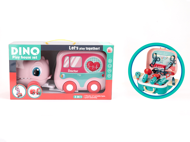 18PCS Dinosaur Medical Equipment Storage Trailer（Pink）