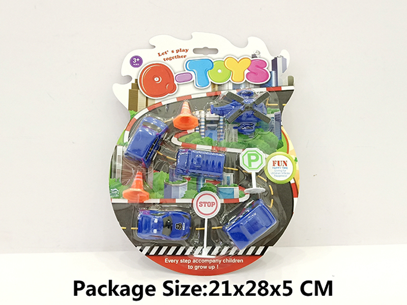 5PCS Pull Back Police Vehicle/Aircraft +2 Roadblocks+2 Road Signs
