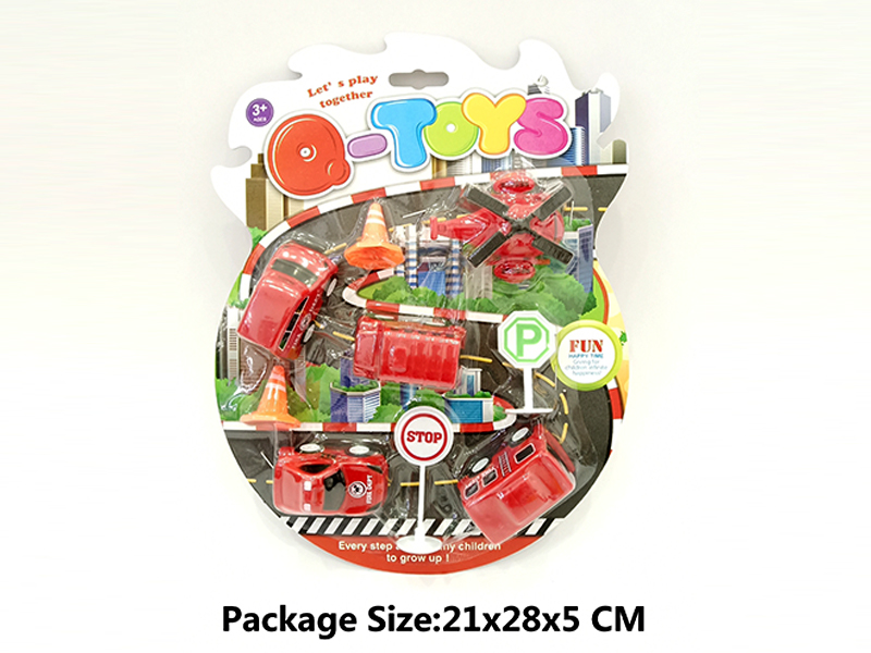 5PCS Pull Back Fire Truck/Aircraft +2 Roadblocks+2 Road Signs