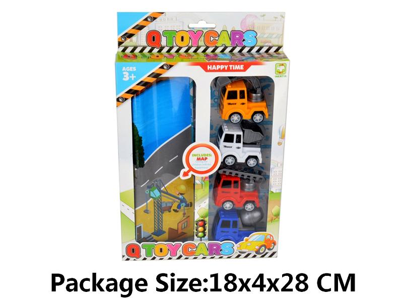 4PCS Pull Back Engineering Vehicle+Map Set