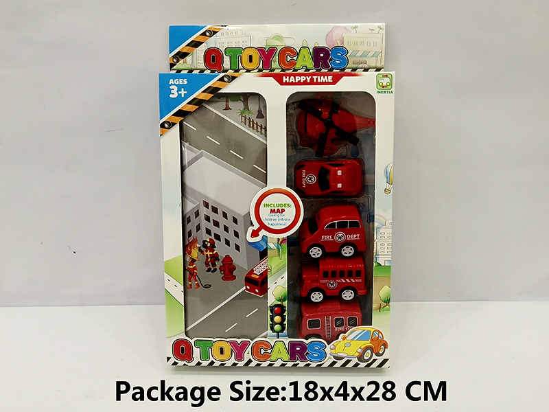 5PCS Pull Back Fire Truck/Aircraft+Map Set