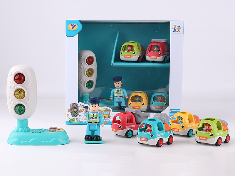 Music Traffic Light + 4 Pull Back Engineering Trucks + Action Figure