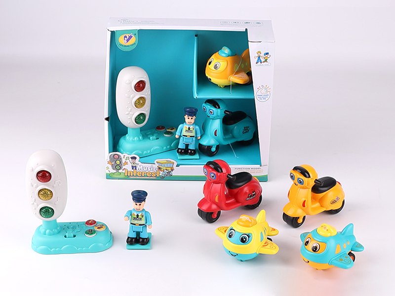 Music Traffic Light(Included Batteries) + Friction Airplane + Friction Motorcycle + Action Figure