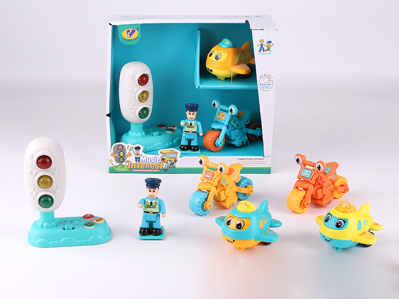 Music Traffic Light(Included Batteries) + Friction Airplane + Friction Off-Road Motorcycle + Action Figure