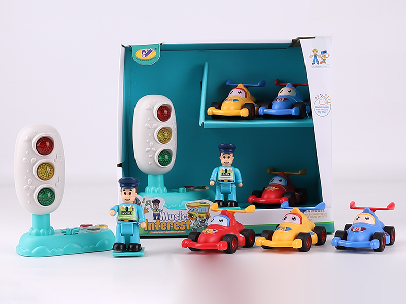 Music Traffic Light(Included Batteries) + 3 Pull Back Equation Cars + Action Figure