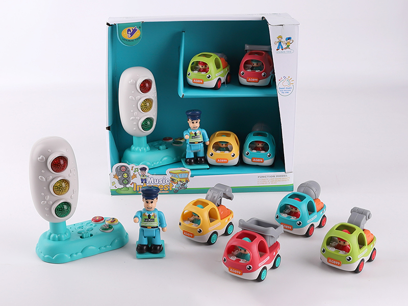 Music Traffic Light(Included Batteries) + 4 Pull Back Engineering Trucks + Action Figure