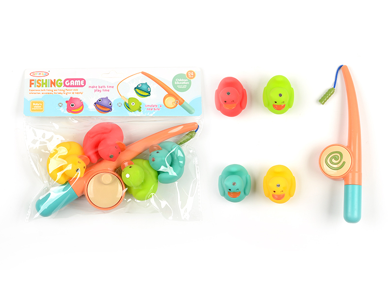Bathroom Fishing Toys 4 Vinyl Ducks + Fishing Pole